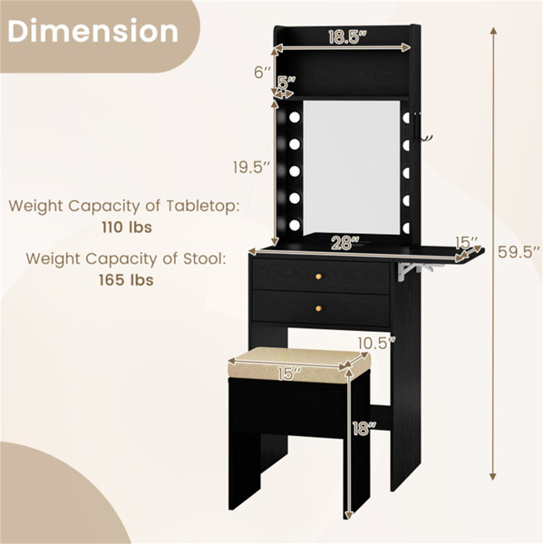 3-Color LED Lighted Vanity Desk with Charging Station - Foldable Makeup Table & Cushioned Stool Set-15