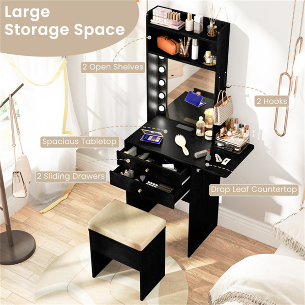 3-Color LED Lighted Vanity Desk with Charging Station - Foldable Makeup Table & Cushioned Stool Set-21