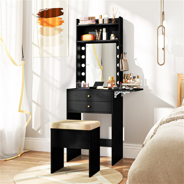 3-Color LED Lighted Vanity Desk with Charging Station - Foldable Makeup Table & Cushioned Stool Set-18