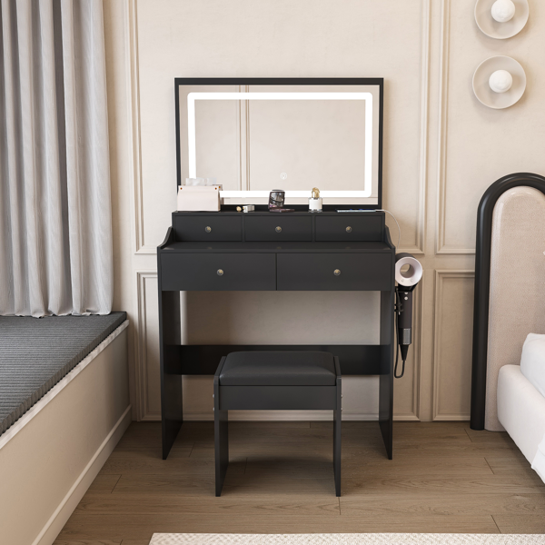 New Large Mirror Vanity Desk for Bed room , Modern Makeup Vanity Set with Power Outlet and Hair dryer holder, 5 Drawers , 3 Lighting Color Adjustable Dressing Table for Bedroom, Black Color-14