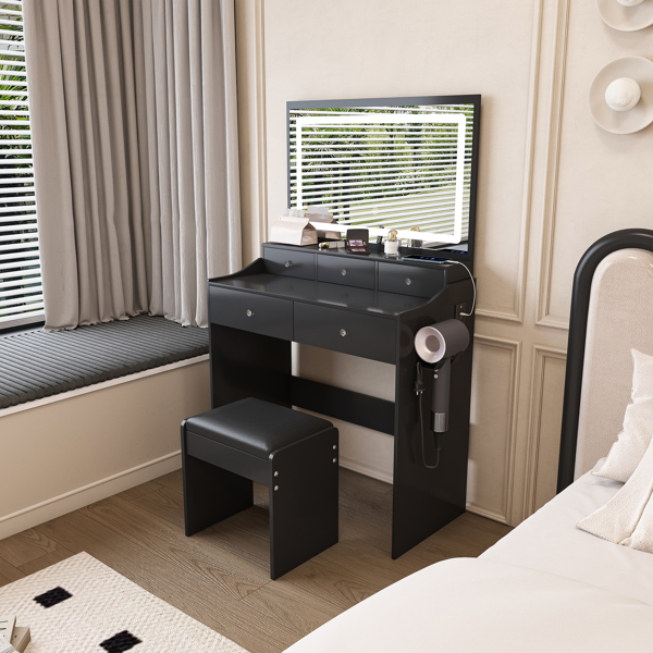 New Large Mirror Vanity Desk for Bed room , Modern Makeup Vanity Set with Power Outlet and Hair dryer holder, 5 Drawers , 3 Lighting Color Adjustable Dressing Table for Bedroom, Black Color-24