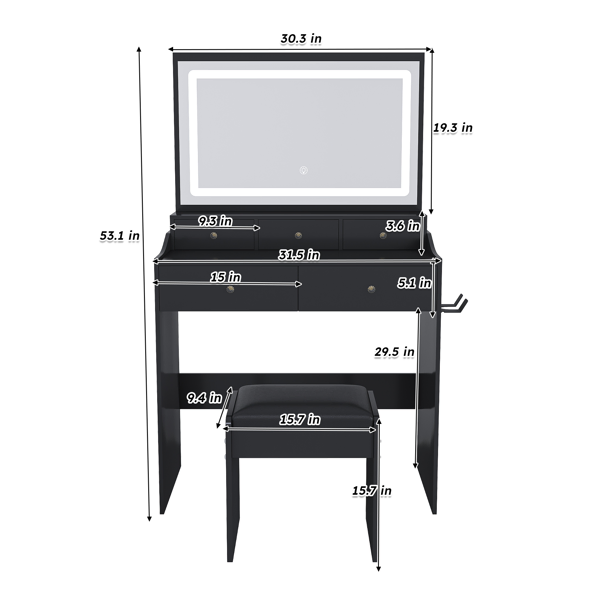 New Large Mirror Vanity Desk for Bed room , Modern Makeup Vanity Set with Power Outlet and Hair dryer holder, 5 Drawers , 3 Lighting Color Adjustable Dressing Table for Bedroom, Black Color-16