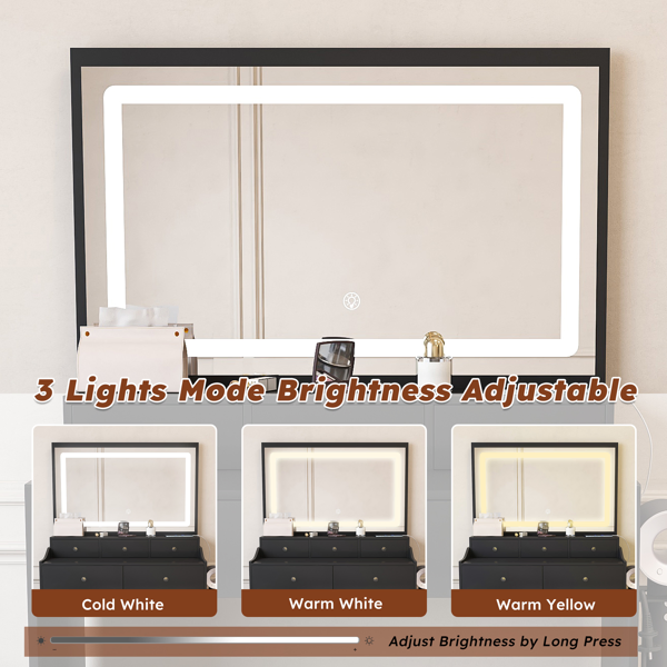 New Large Mirror Vanity Desk for Bed room , Modern Makeup Vanity Set with Power Outlet and Hair dryer holder, 5 Drawers , 3 Lighting Color Adjustable Dressing Table for Bedroom, Black Color-20
