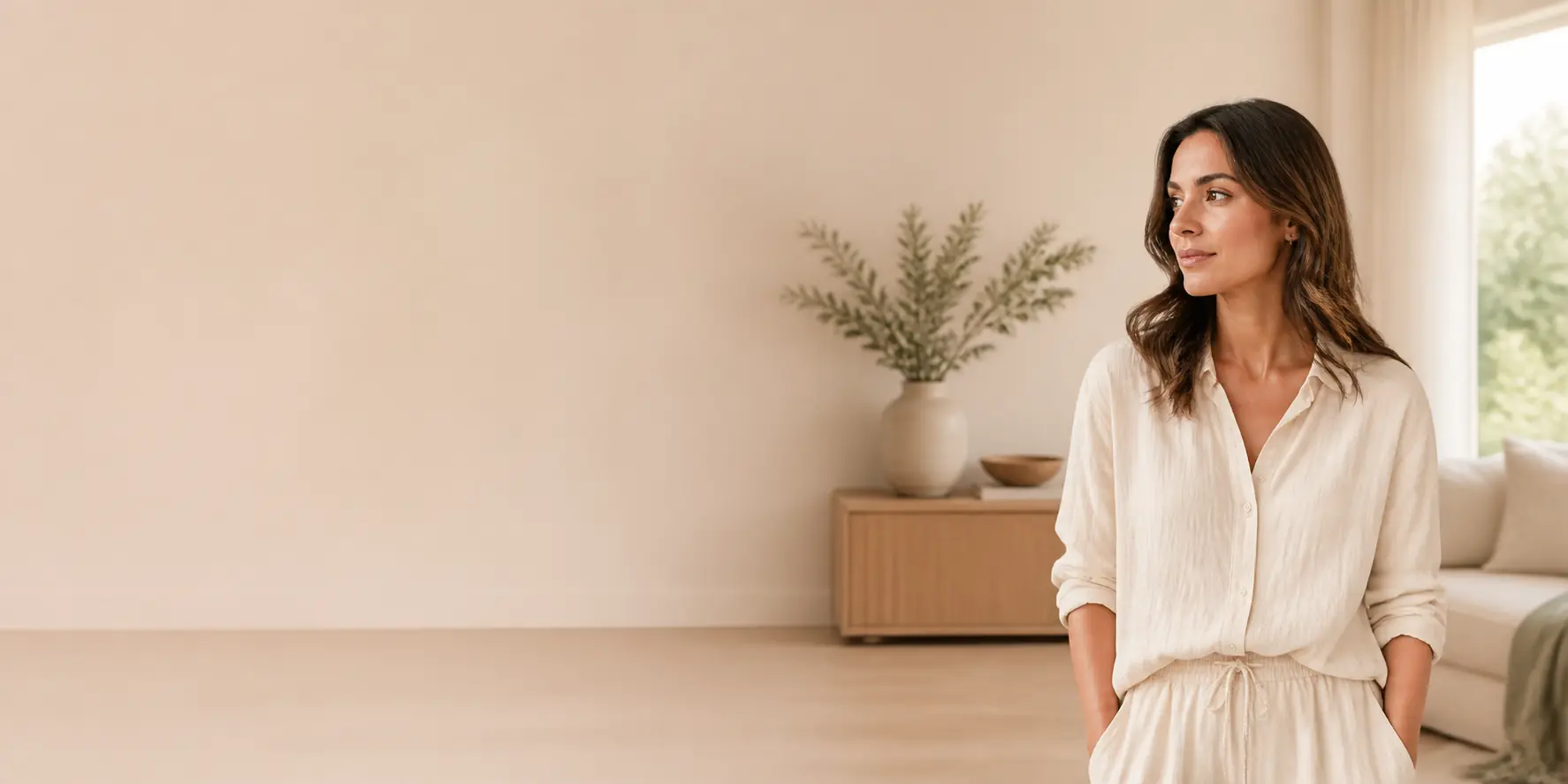 Woman in a warm, modern home interior
